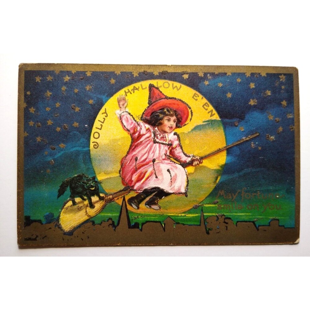 Halloween Fortune Postcard Witch On Broom Black Cat Mica Glitter Full Moon AMP